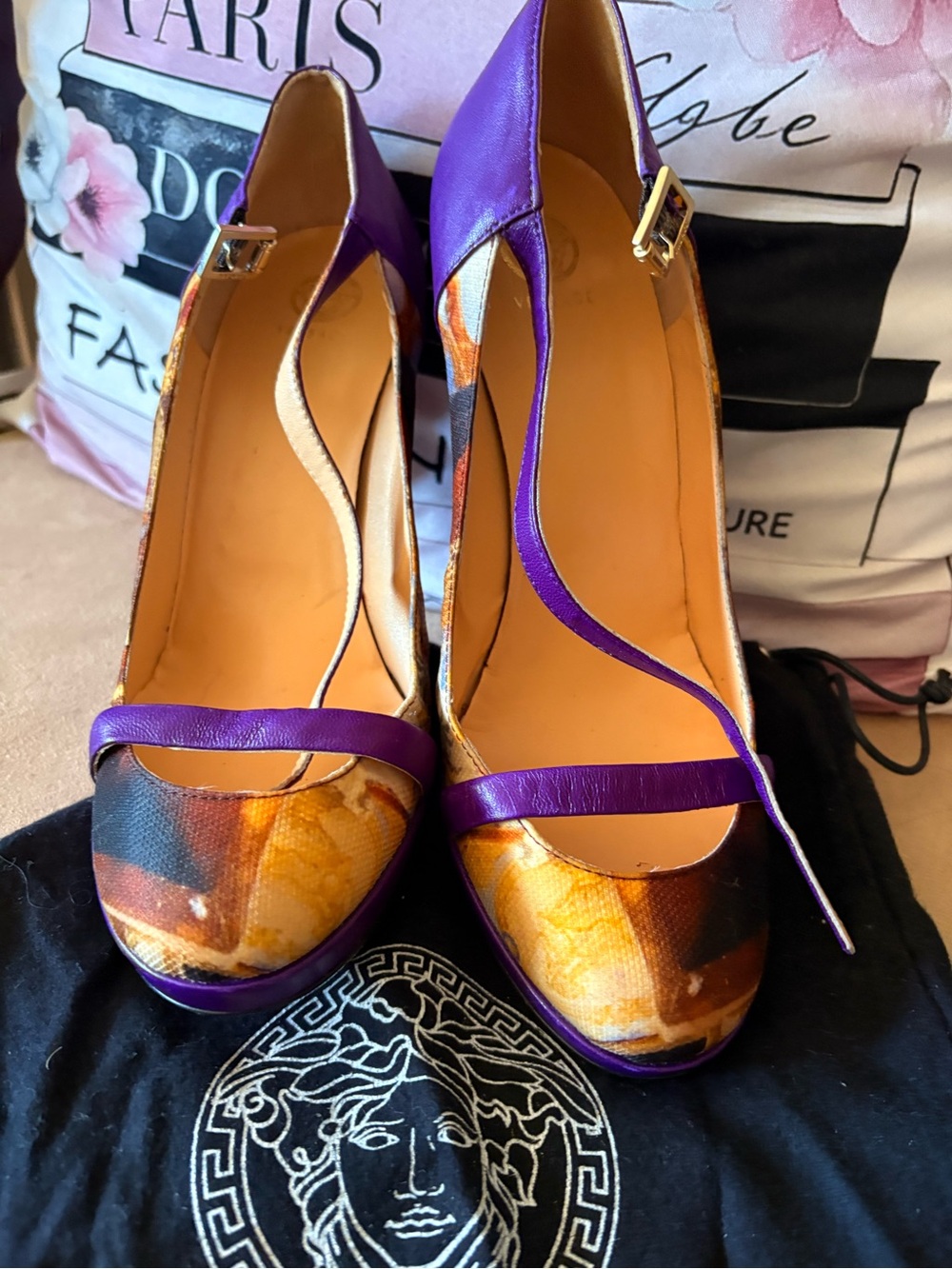 Versace Purple and Multicolor Printed Leather Ankle-Strap Pumps